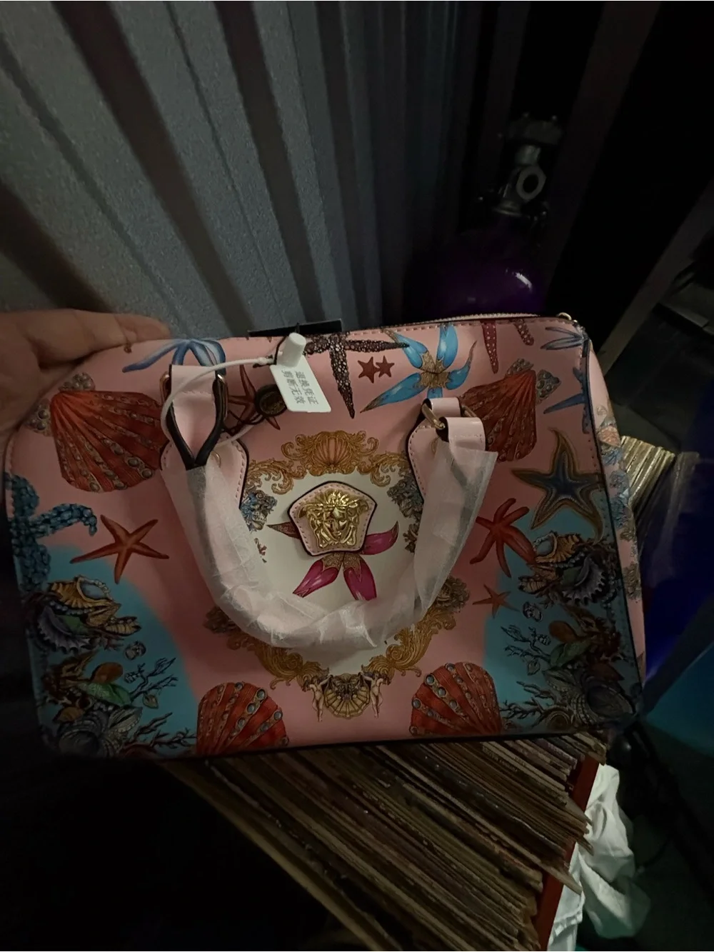 Seashell-Print Pink Satchel with Gold Accents